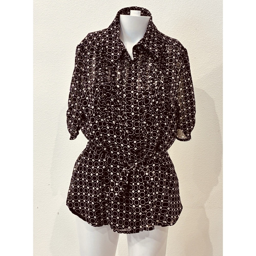 Worthington Sheer Tie Front Ruffle Y2K Retro Vibe Blouse Size 12 Brown‎ Mod